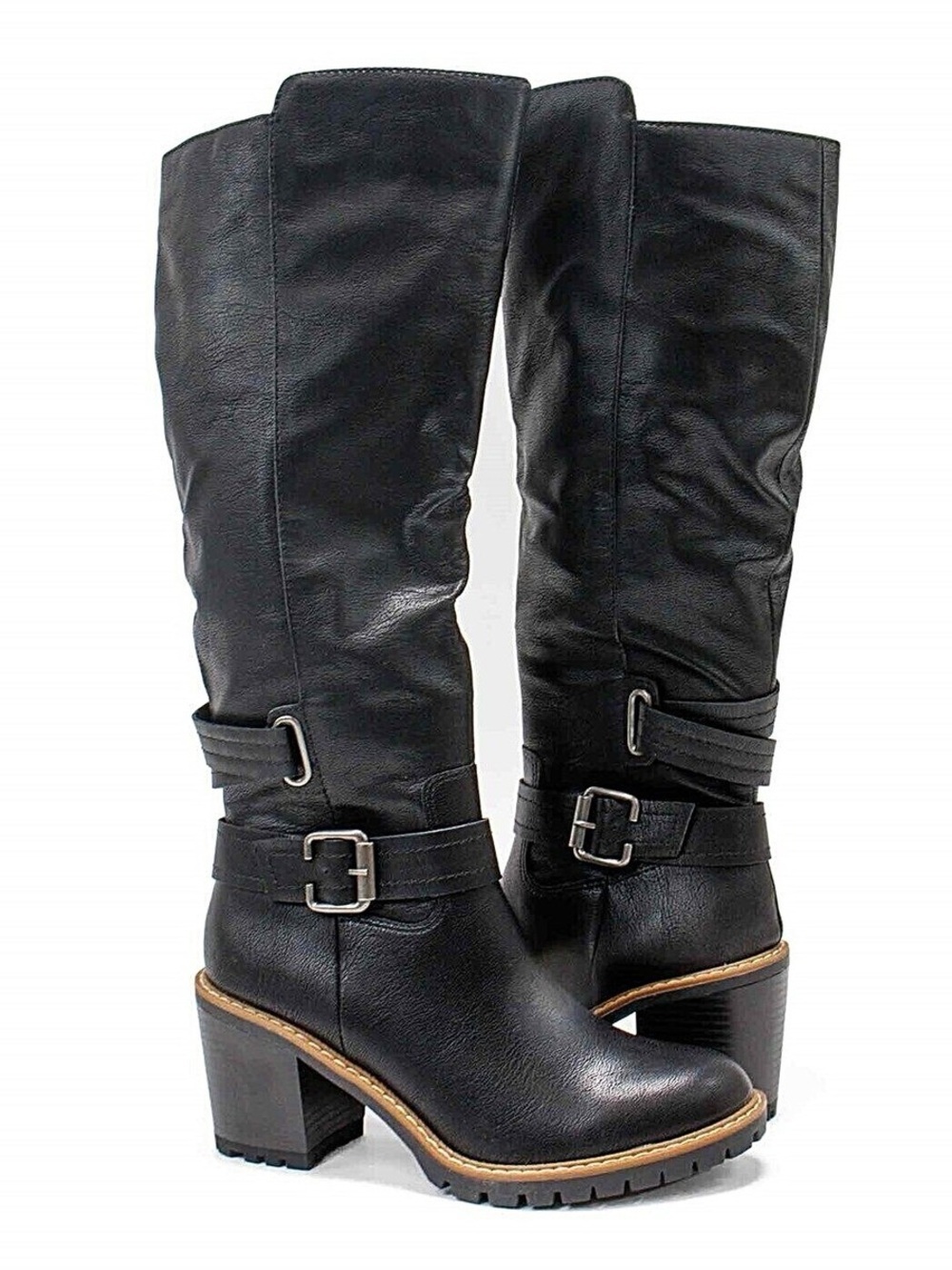 Sun + Stone Black Mid-Calf Heeled Riding Boots with Buckle Straps